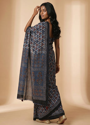 Blue Printed Pure Silk Saree Without Blouse Piece