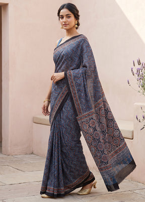 Blue Printed Pure Silk Saree Without Blouse Piece
