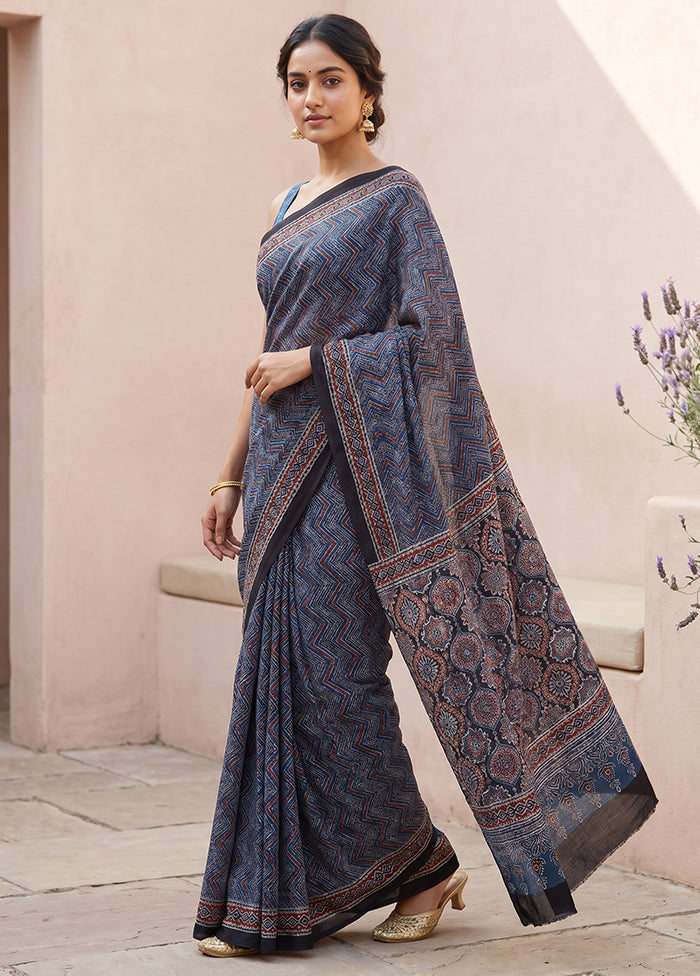 Blue Printed Pure Silk Saree Without Blouse Piece