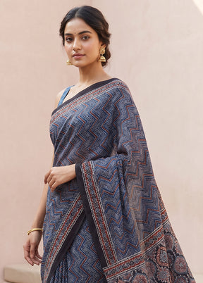 Blue Printed Pure Silk Saree Without Blouse Piece