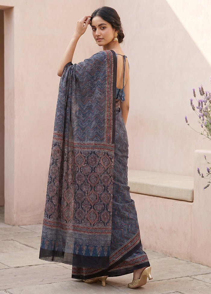 Blue Printed Pure Silk Saree Without Blouse Piece