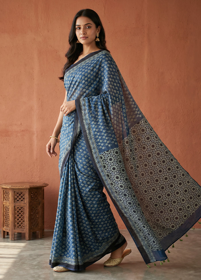 Blue Printed Pure Silk Saree Without Blouse Piece