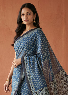 Blue Printed Pure Silk Saree Without Blouse Piece