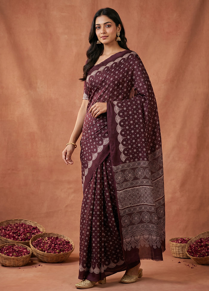 Purple Printed Silk Saree Without Blouse Piece