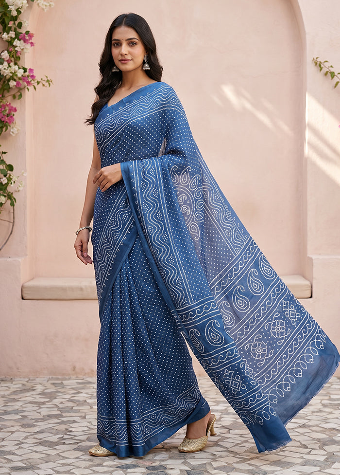 Blue Printed Silk Saree Without Blouse Piece