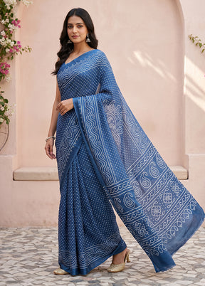 Blue Printed Silk Saree Without Blouse Piece