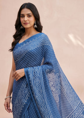 Blue Printed Silk Saree Without Blouse Piece