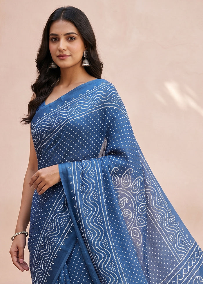 Blue Printed Silk Saree Without Blouse Piece