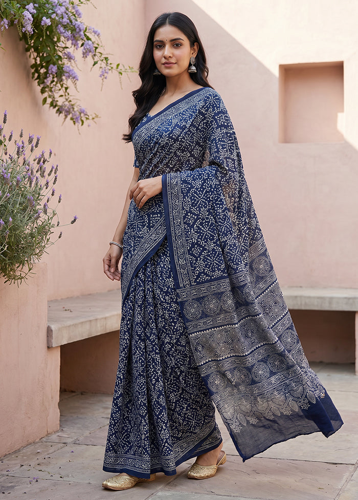 Blue Printed Silk Saree Without Blouse Piece
