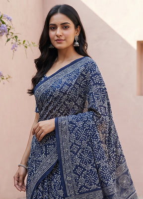 Blue Printed Silk Saree Without Blouse Piece