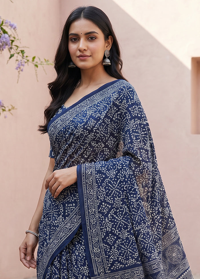 Blue Printed Silk Saree Without Blouse Piece