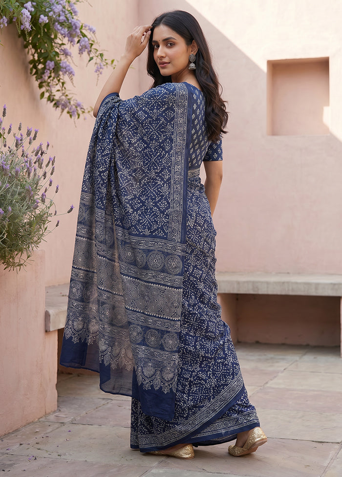 Blue Printed Silk Saree Without Blouse Piece