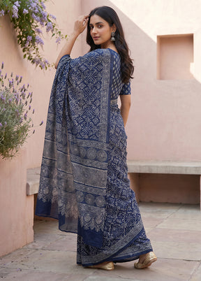 Blue Printed Silk Saree Without Blouse Piece