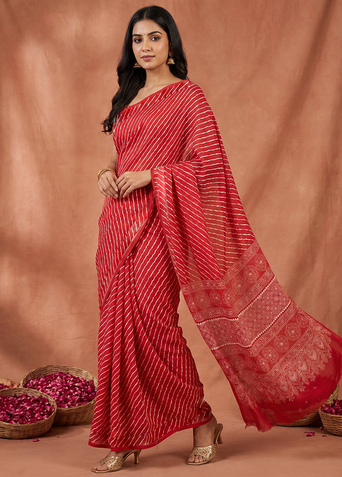 Red Printed Silk Saree Without Blouse Piece
