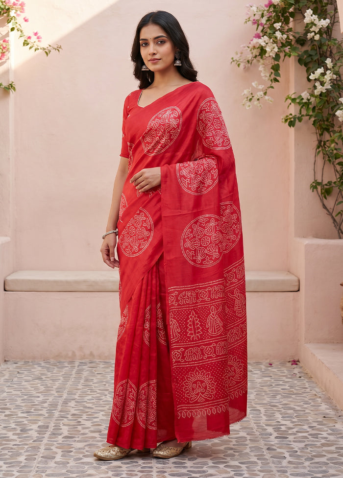 Red Printed Silk Saree Without Blouse Piece