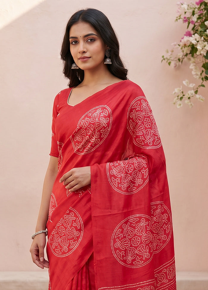 Red Printed Silk Saree Without Blouse Piece
