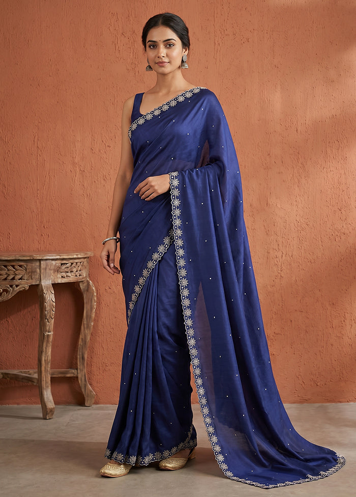 Blue Printed Pure Silk Saree Without Blouse Piece
