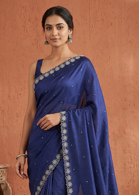 Blue Printed Pure Silk Saree Without Blouse Piece
