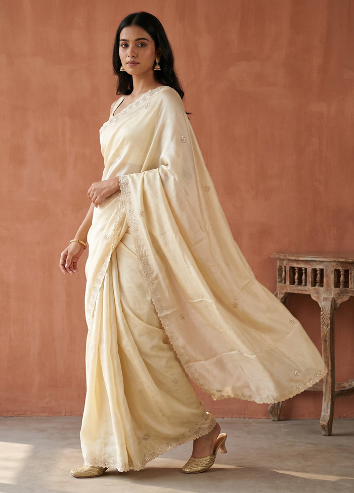 Cream Printed Pure Silk Saree Without Blouse Piece