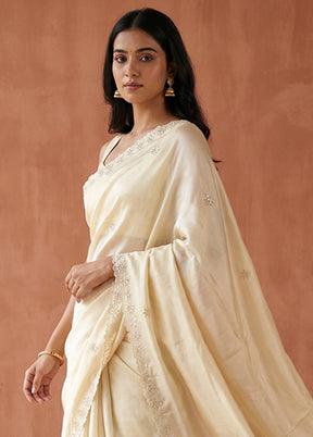 Cream Printed Pure Silk Saree Without Blouse Piece