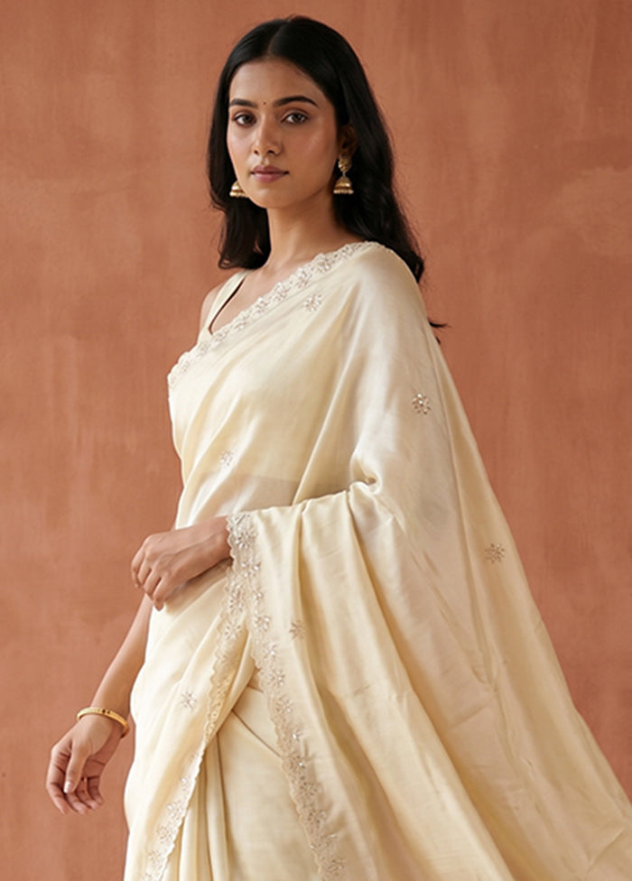 Cream Printed Pure Silk Saree Without Blouse Piece