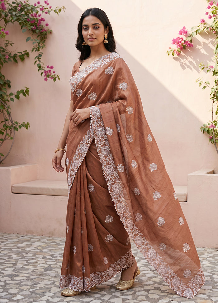 Rust Tussar Silk Saree With Blouse Piece