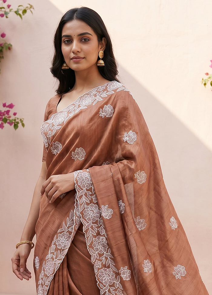 Rust Tussar Silk Saree With Blouse Piece