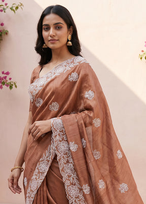 Rust Tussar Silk Saree With Blouse Piece