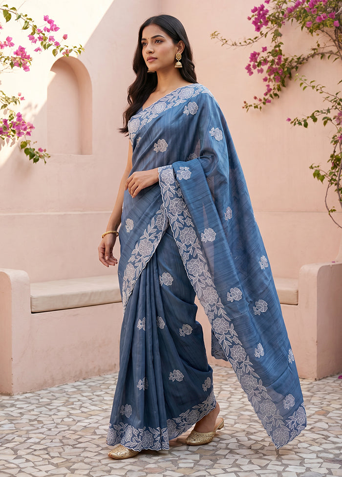 Blue Tussar Silk Saree With Blouse Piece