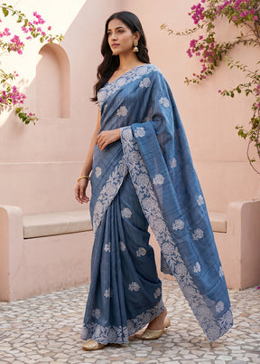 Blue Tussar Silk Saree With Blouse Piece