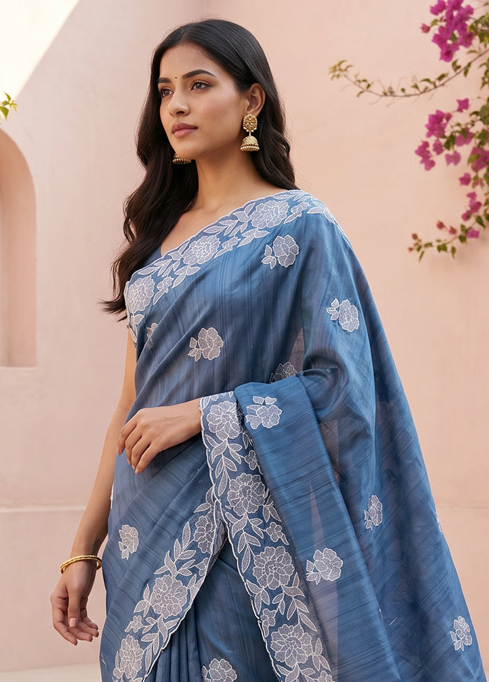 Blue Tussar Silk Saree With Blouse Piece