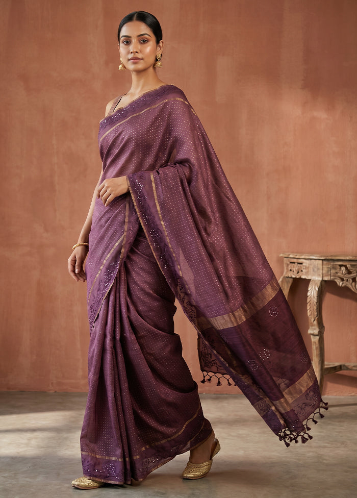 Purple Handloom Tussar Pure Silk Saree With Blouse Piece