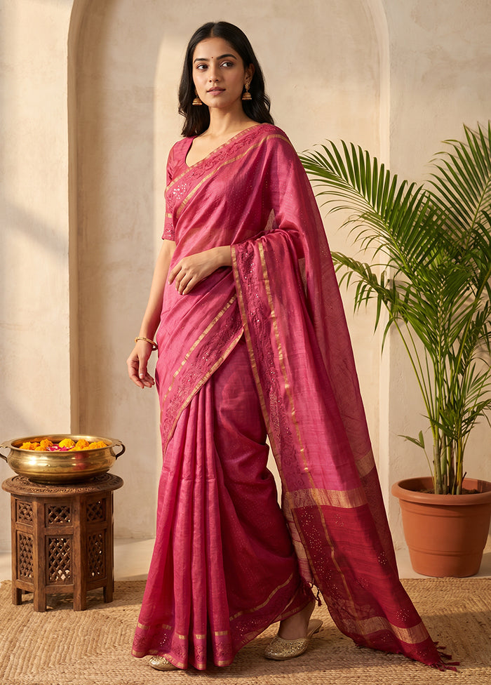 Pink Handloom Tussar Pure Silk Saree With Blouse Piece