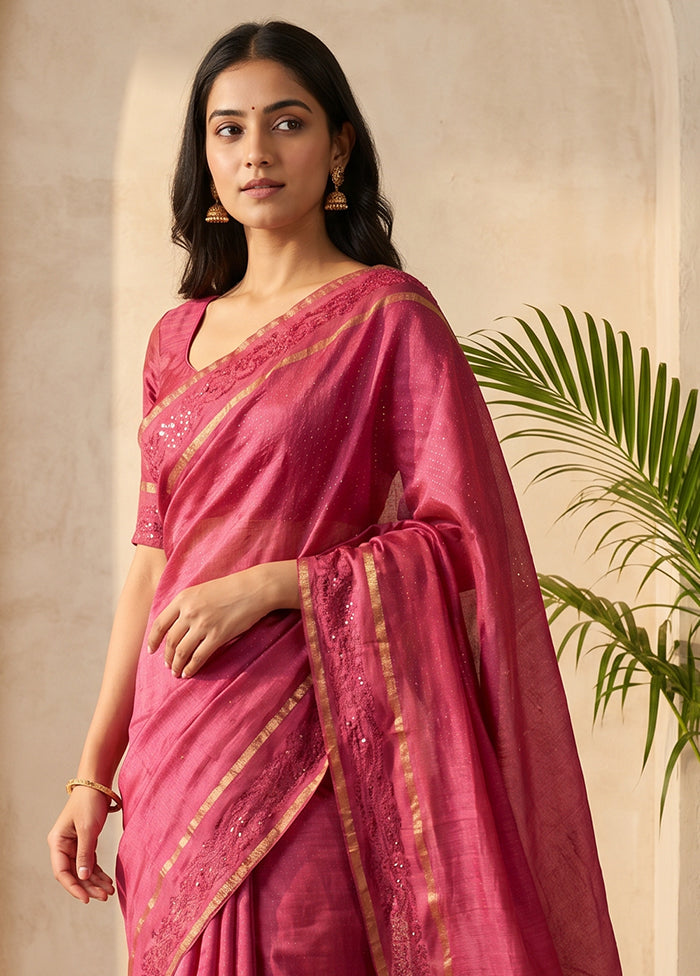 Pink Handloom Tussar Pure Silk Saree With Blouse Piece