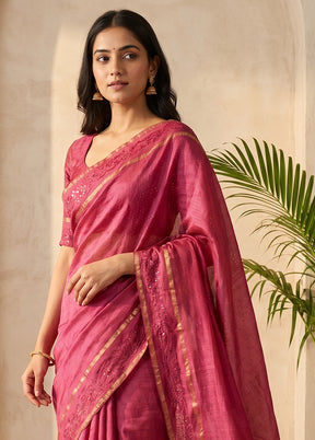 Pink Handloom Tussar Pure Silk Saree With Blouse Piece