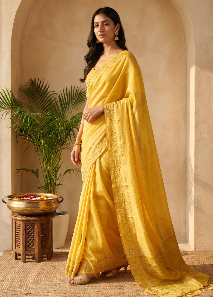 Yellow Handloom Tussar Pure Silk Saree With Blouse Piece