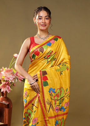 Yellow Handloom Kantha Stitch Pure Silk Saree With Blouse Piece