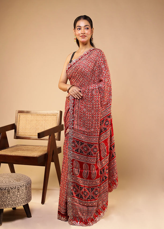 Red Printed Pure Silk Saree Without Blouse Piece