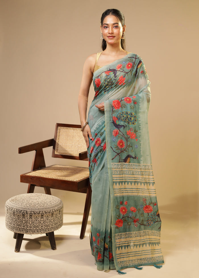 Green Linen Silk Saree With Blouse Piece