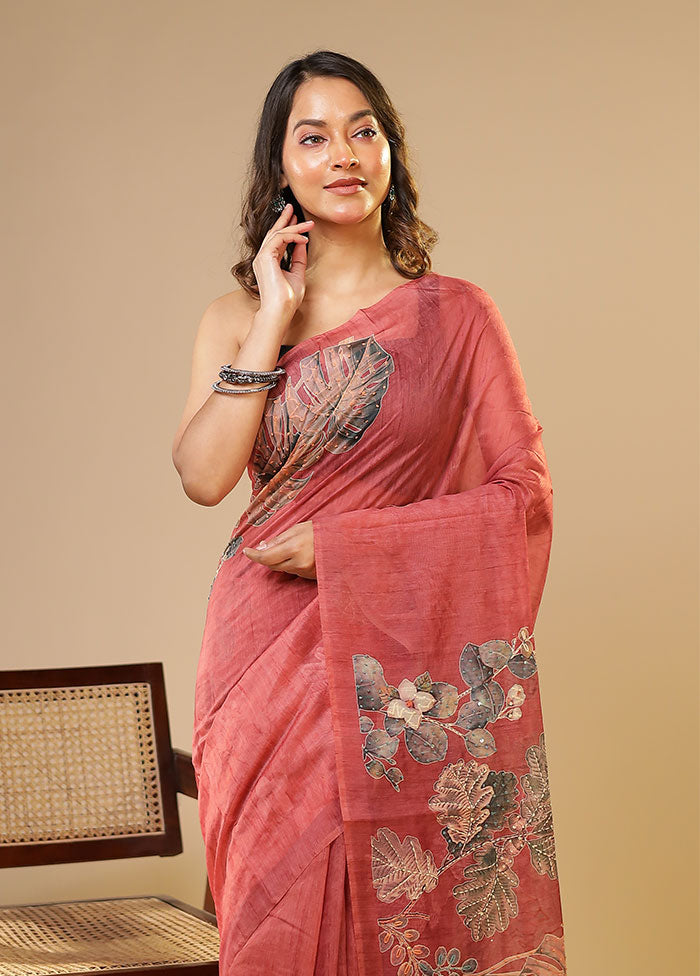 Pink Linen Silk Saree With Blouse Piece