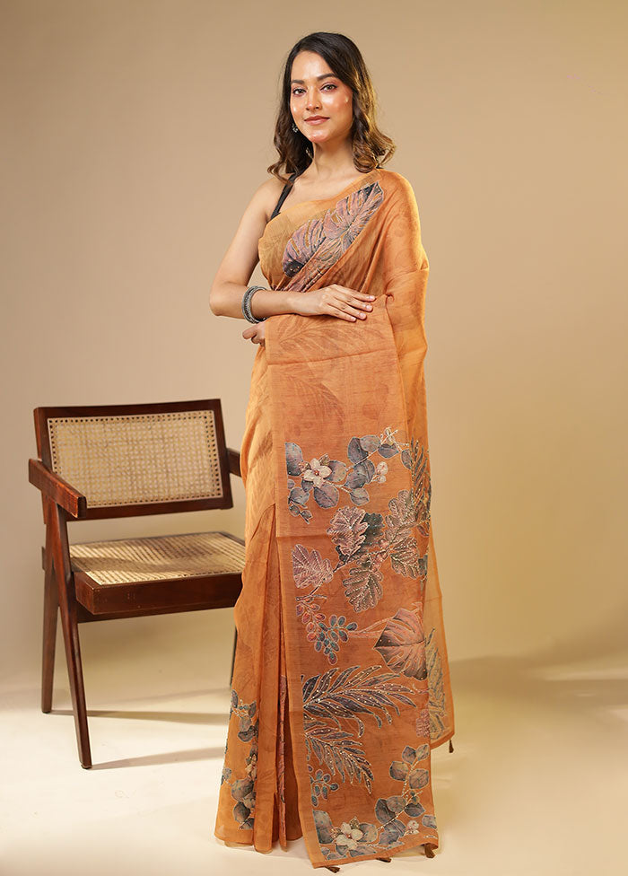 Yellow Linen Silk Saree With Blouse Piece