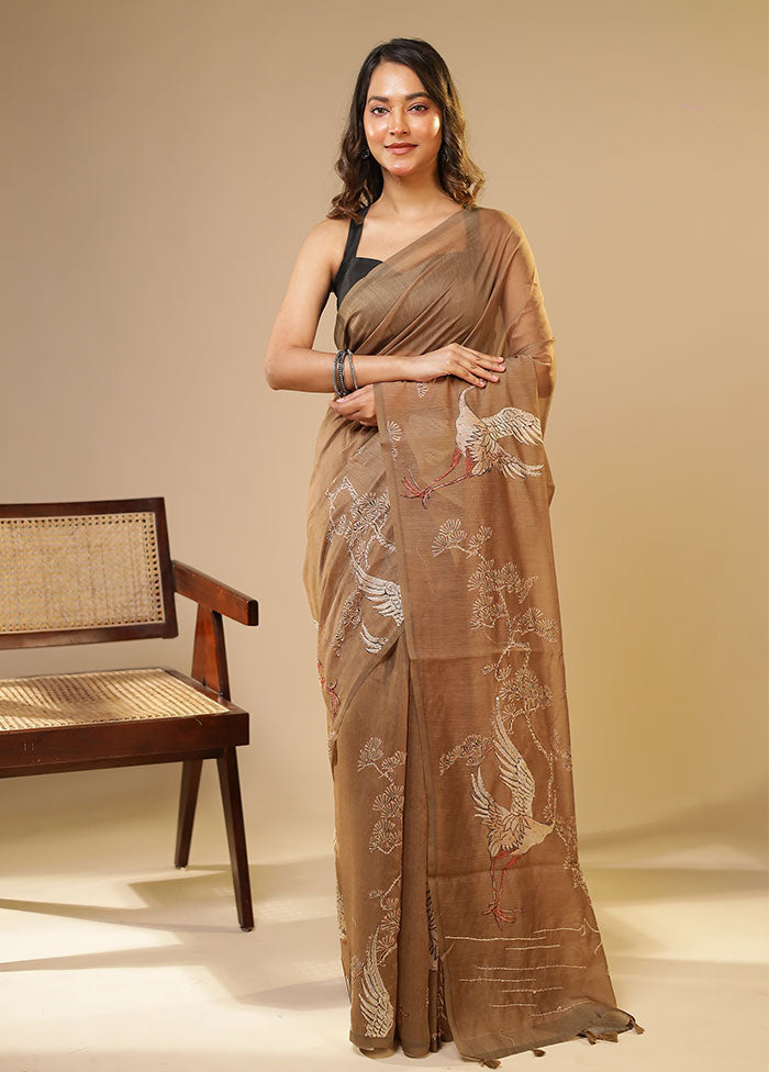 Green Linen Silk Saree With Blouse Piece