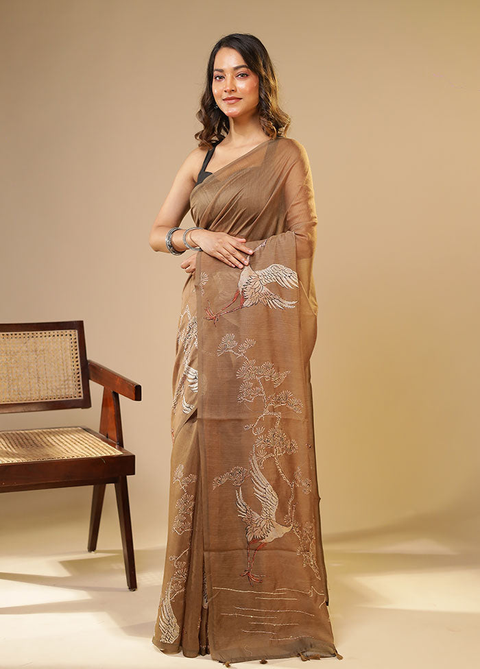 Green Linen Silk Saree With Blouse Piece