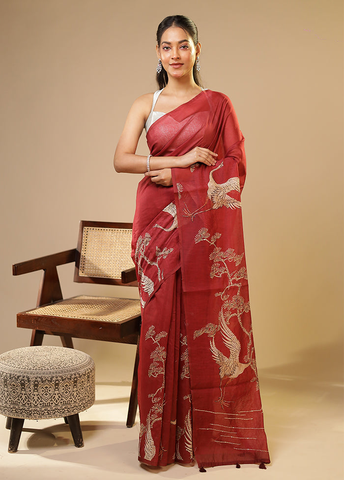 Red Linen Silk Saree With Blouse Piece