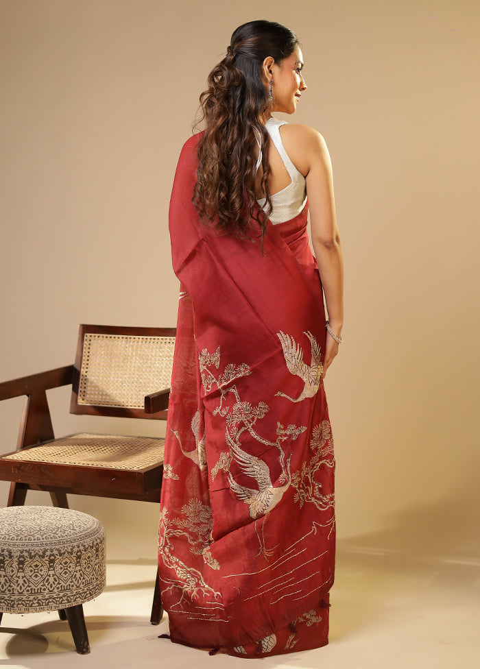 Red Linen Silk Saree With Blouse Piece