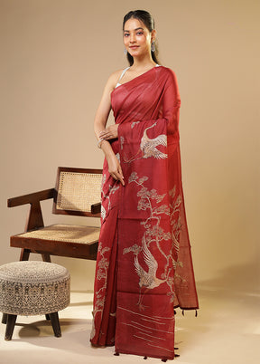 Red Linen Silk Saree With Blouse Piece