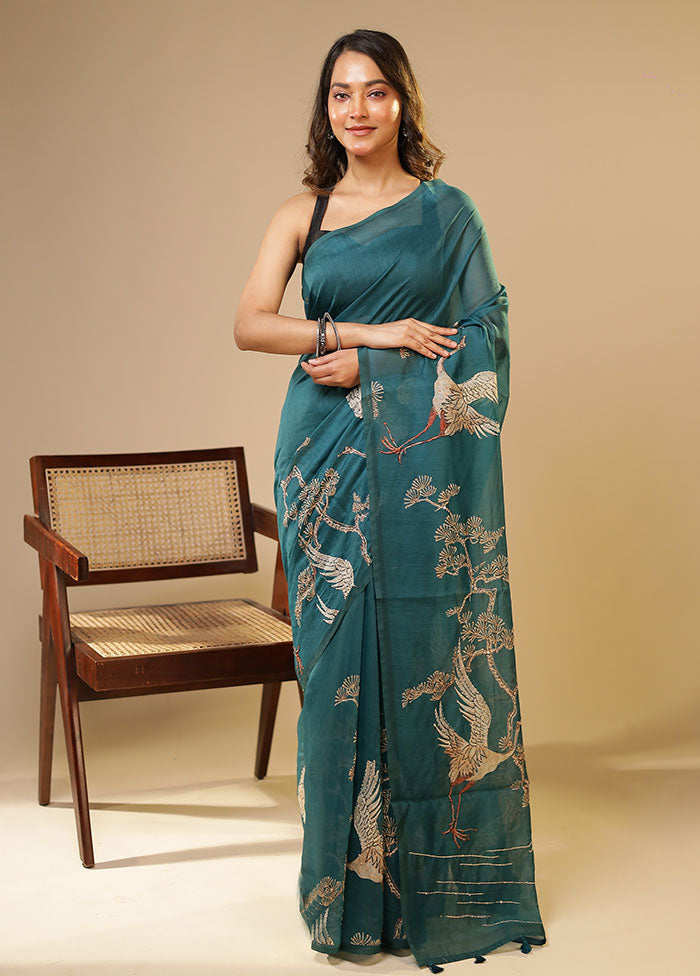 Blue Linen Silk Saree With Blouse Piece