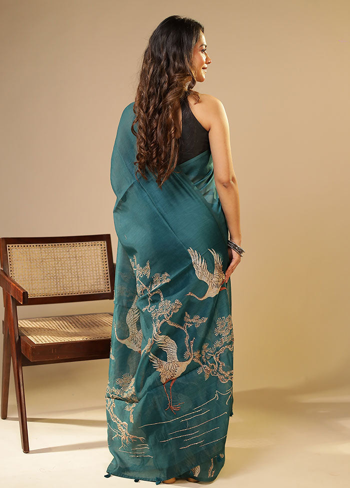 Blue Linen Silk Saree With Blouse Piece