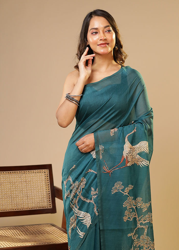 Blue Linen Silk Saree With Blouse Piece