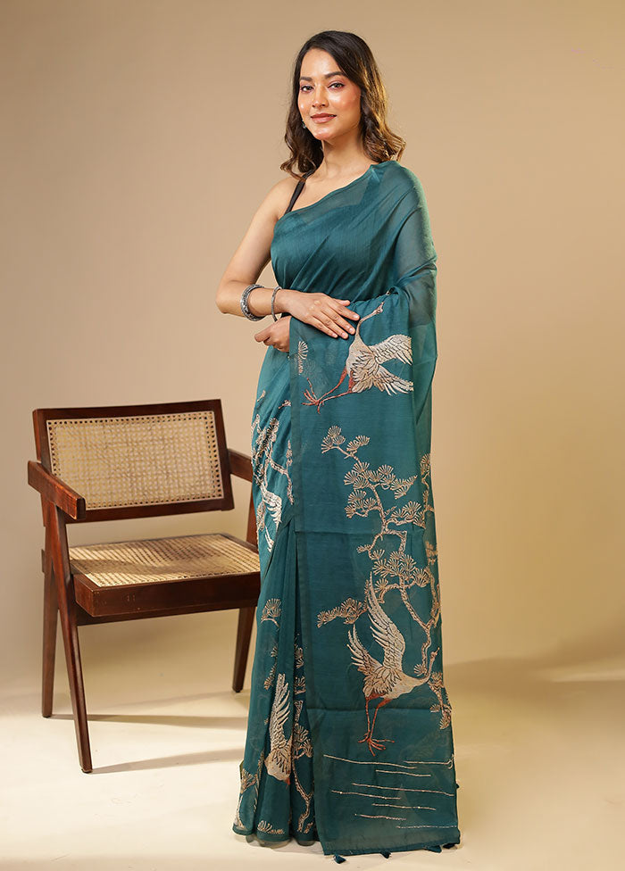 Blue Linen Silk Saree With Blouse Piece
